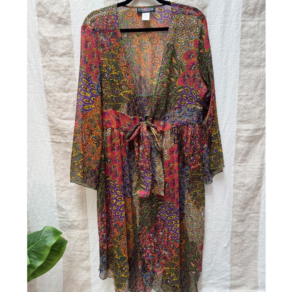 The Pyramid Collection Paisley Sheer Duster Cardigan Tie Front Boho Kimono Large